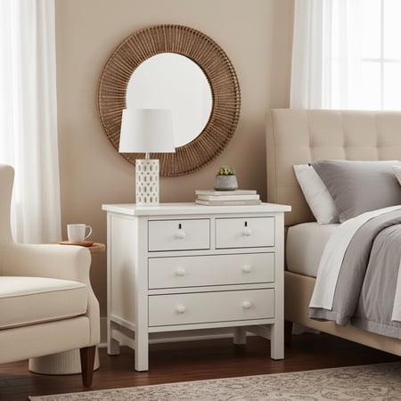 Nightstand with 4 Drawers Antique White Wood and Synthetic Wood Bedside Table with French Dovetail Construction Metal Glides and Faux Keyhole Accents for Bedroom Furniture