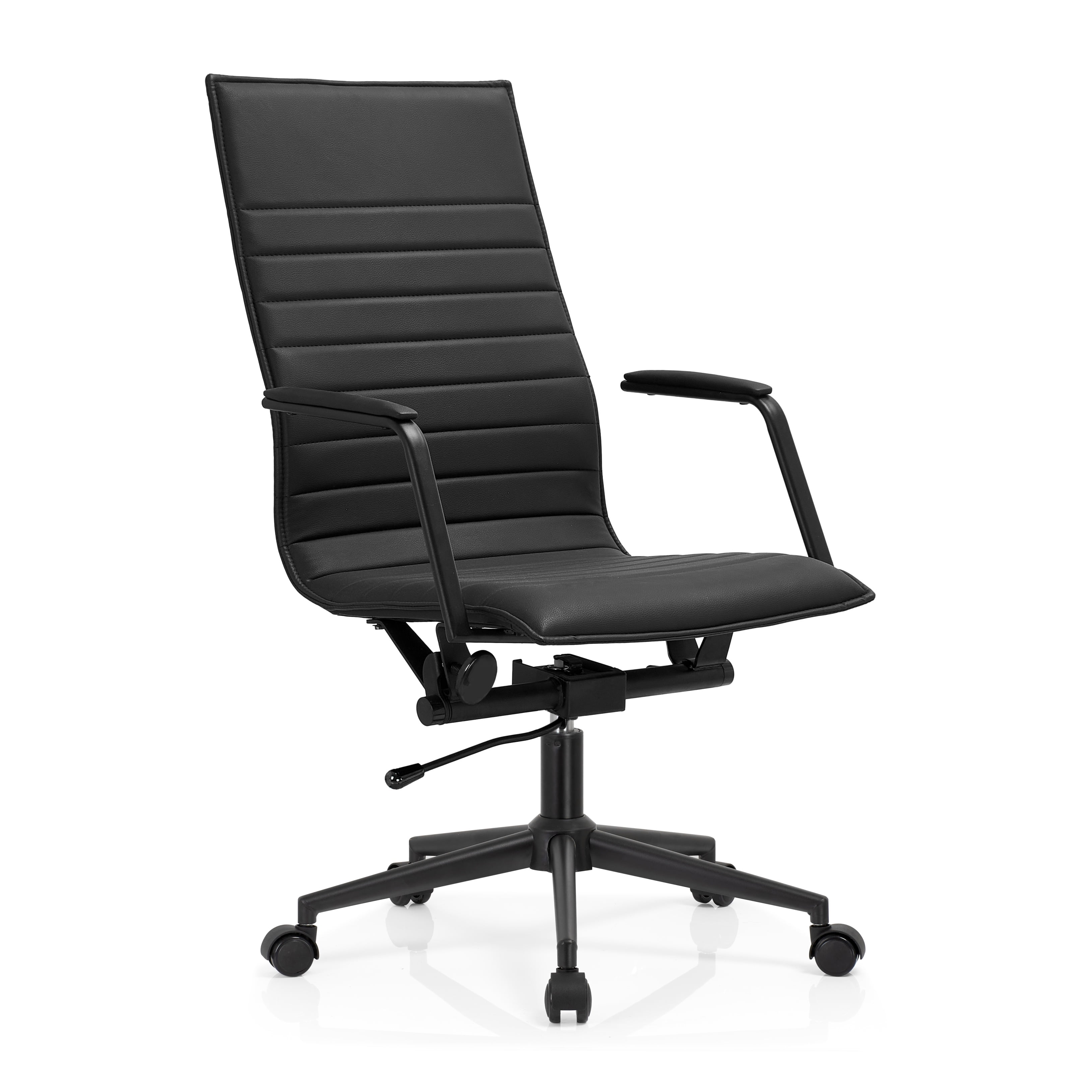 2xhome Set of 2 Modern High Back Office Desk Chair | Upholstered Ribbed PU Leather with Metal Frame | Computer Armchair for Home, Executive, Conference, Meetings (All Black)