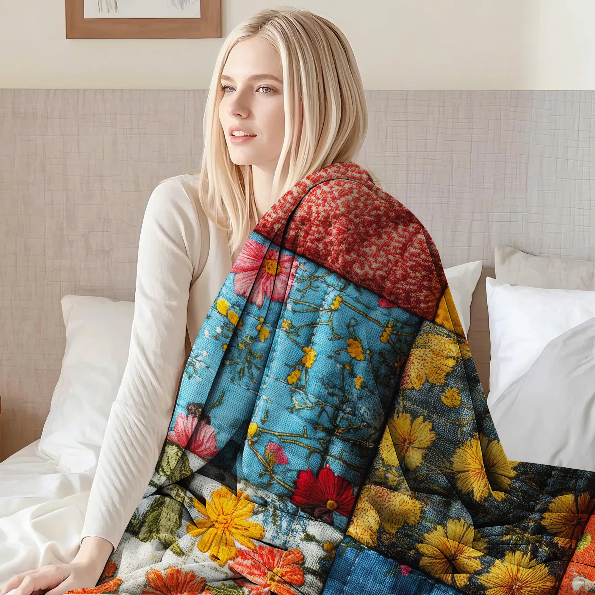 Sherpa Fleece Twin Blanket 60"x80" Reversible Plush Fluffy Blanket, Double-Layer Super Soft Flannel Blanket for Sofa, Couch, Bed, Patchwork Floral Pattern