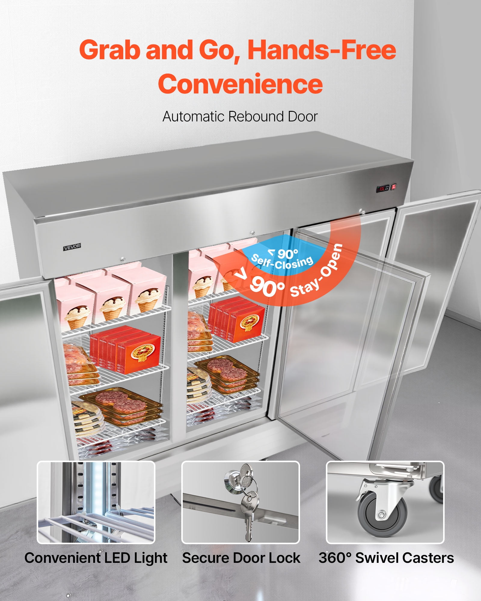 VEVOR Commercial Reach-In Freezer 85" W, 69 Cu.Ft Stainless Steel Upright Freezer with Three Doors, Auto-Defrost, 12 Adjustable Shelves,  -11 to 14℉ Temp Control, ETL Certified