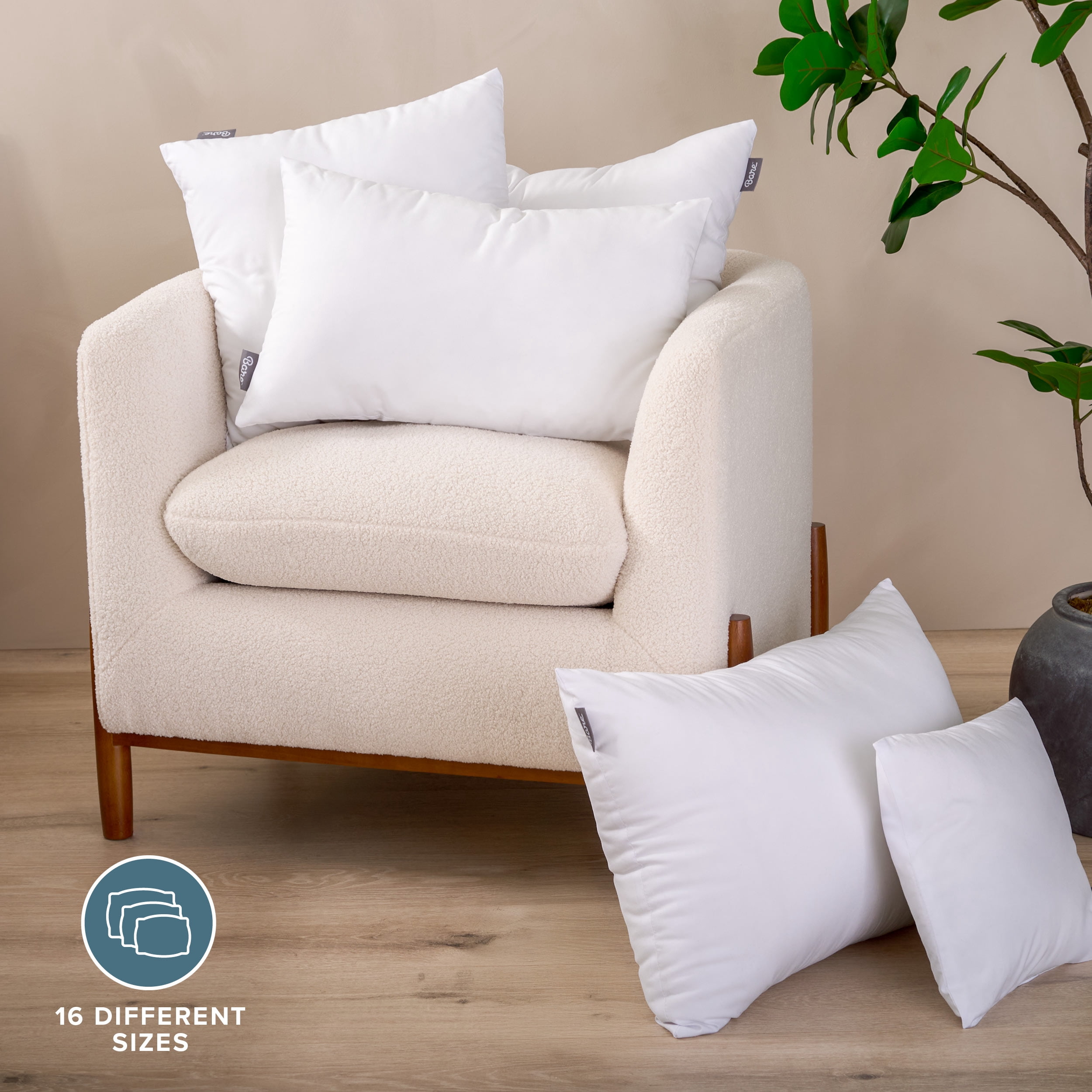 Bare Home 16"x16" Pillow Inserts, Decorative Square Pillow Insert for Sofa/Couch, Set of 2, White