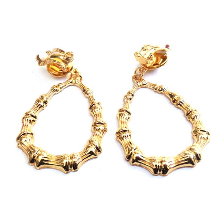 - Clip On Bamboo Teardrop Hoop Gold Tone Earrings Non Pierced 2.5 In L