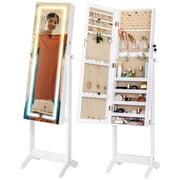 Luxfurni Standing Jewelry Armoire with LED Lights Full-Length Mirror with Jewelry Storage White Finish