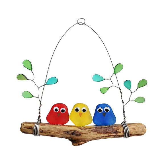 Seaglass Birds on a Branch, Colorful Sea Glass Bird Perch, Coastal Ocean Decor for Indoor Windows, Vibrant Sea Glass Wall Art for Nature Lovers, Unique Gift for Mom(3 Birds)