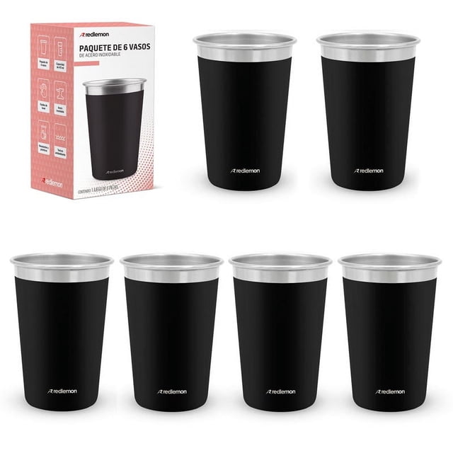 Vasos de Acero Inoxidable 470 ml (6 Piezas). Redlemon Ecológico y Resistente. Ideal para Fiestas y Reuniones
