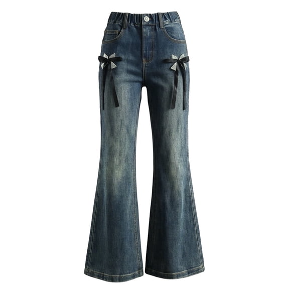 LRen Girls Bell Bottom Jeans Size 10-12,Girls Fashion Flared Denim Pants Embroidered Design Versatile Stretch Jeans Big Kids Tweens Casual School Outdoor Wear