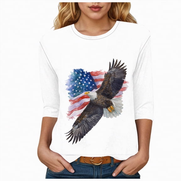 UngA 250th Anniversary Shirts Womens 3/4 Sleeve V Neck T-Shirts 4th of July Shirts American Flag Star Graphic Tee Tops (White,M)
