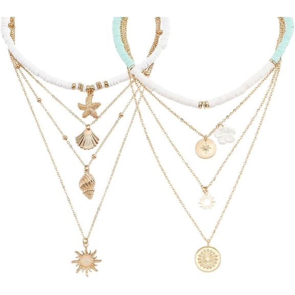 Layered Shell Necklace White Heishi Surfer Choker Layered Necklace Seashell Starfish Palm Sun Pendant Necklace Gold Pretty Stylish Chain Jewelry for Prom Party Dating Gifts for Women