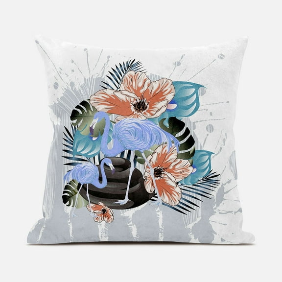 Amrita Sen Flamingo with Flower Throw Pillow with Removable Cover in Gray Blue Orange 16x16