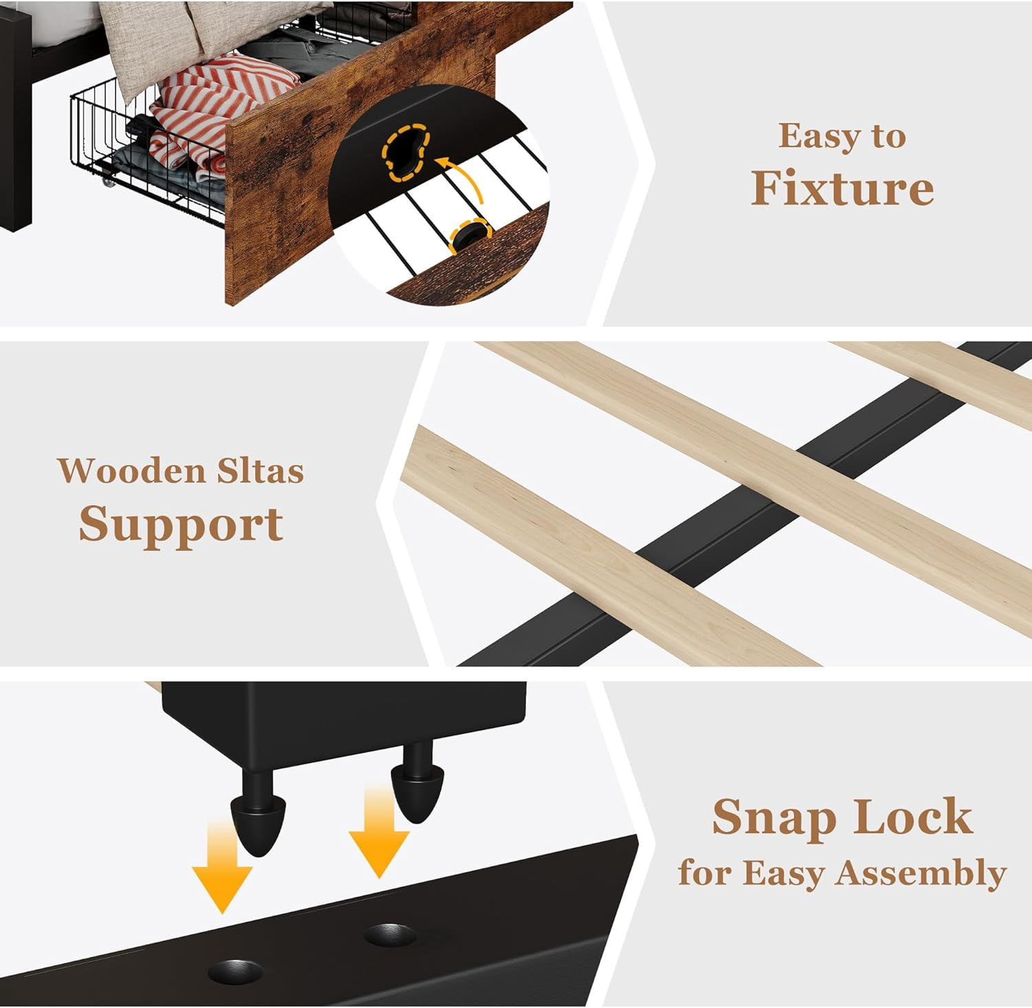 Full Bed Frame with Wooden Headboard: Spacious Platform Design with Under-Bed Storage and Metal Legs, Noise-Free Operation, No Box Spring Required, Assembly - Rustic Brown Finish