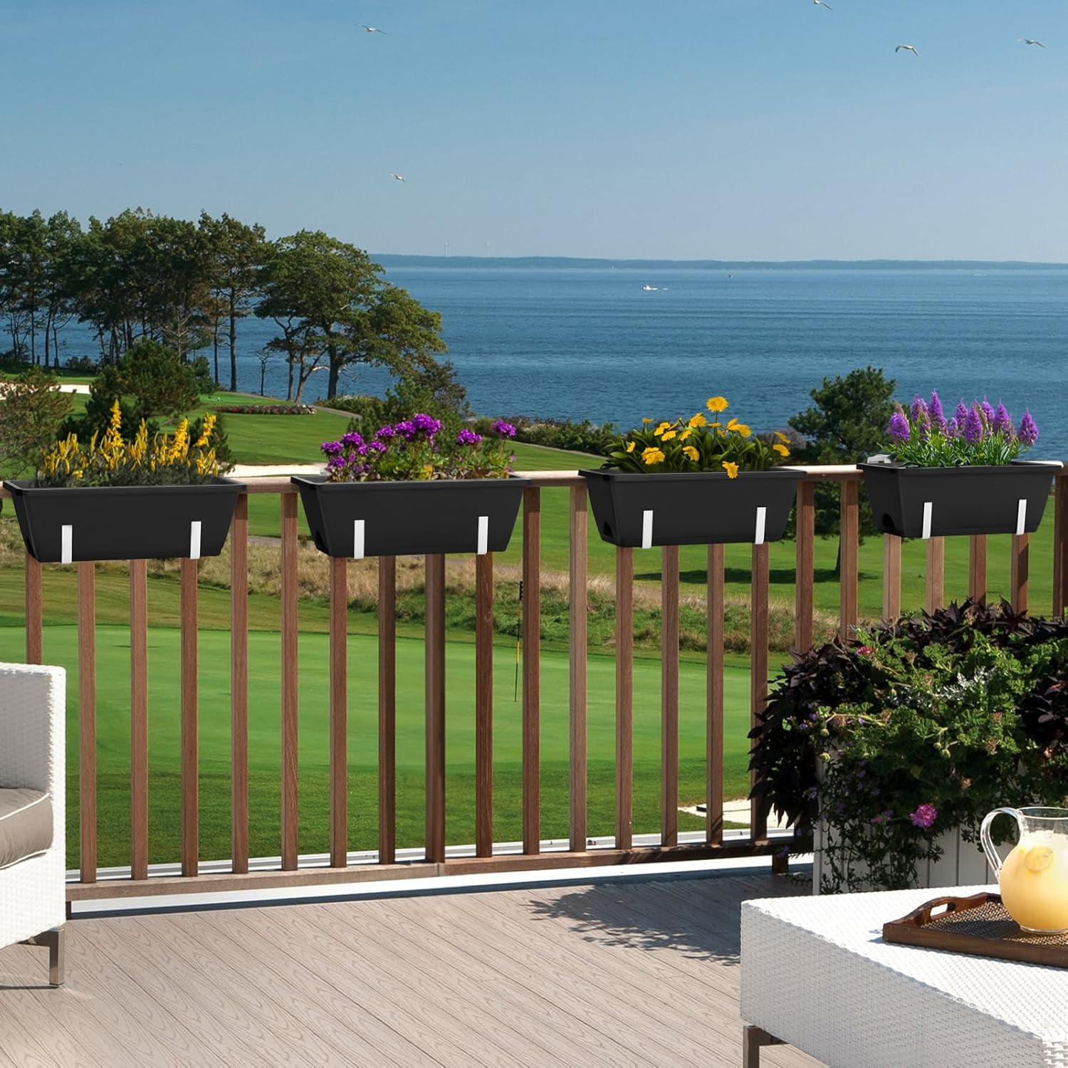 Railing Planter Box 4 Pack Window Boxes Planters with Flower Box Brackets, 17’’ Rectangle Balcony Deck Railing Hanging Planters for Outdoor Fence Garden Patio Plants