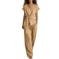 thumbnail image 2 of Women's 2 Piece Set, Round Neck Sleeveless Blouse with Loose Pocket Pants, Casual Linen Summer Outfit for Beach or Daily, 2026 New Limited-time Offer, 2 of 6