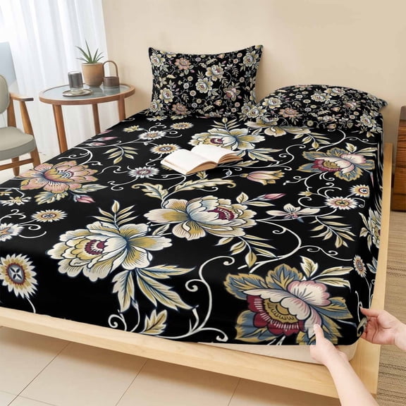 King Size Fitted Sheet Set - Damask Florals 3 Piece Bedding Sets 16" Deep Pocket Fitted Sheet with 2 Pillowcases, Garden Yellow Flowers Daisy Leaf Rustic Black Brushed Microfiber Hotel Bed Sheets