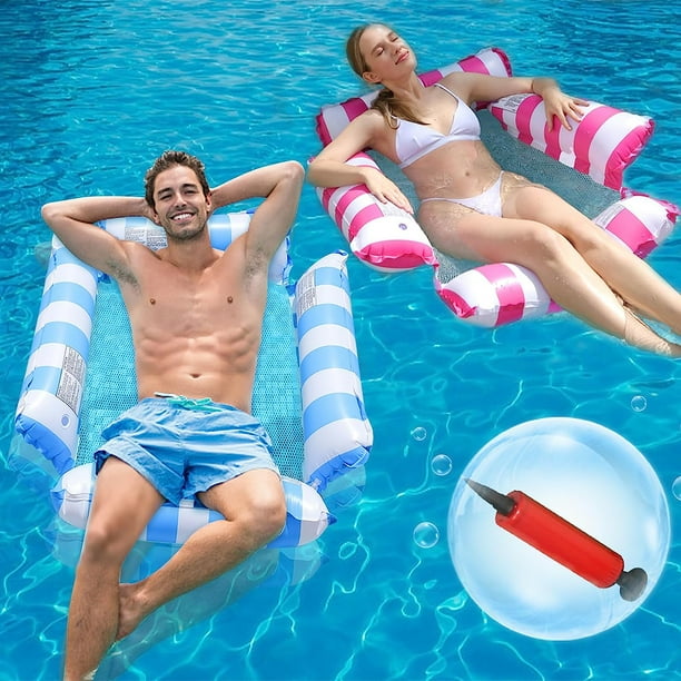 2 Pack 4-in-1 Inflatable Pool Hammocks - Mesh Bottom Floating Chair & Bed For Pool & Hot Tub