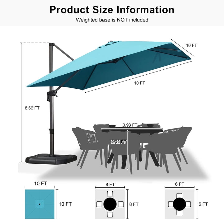 PURPLE LEAF OUTDOOR 10x10 ft Square Offset Cantilever Umbrella with 360-degree Rotation, Aluminum for Outdoor Patio Garden Deck Pool, Turquoise Blue