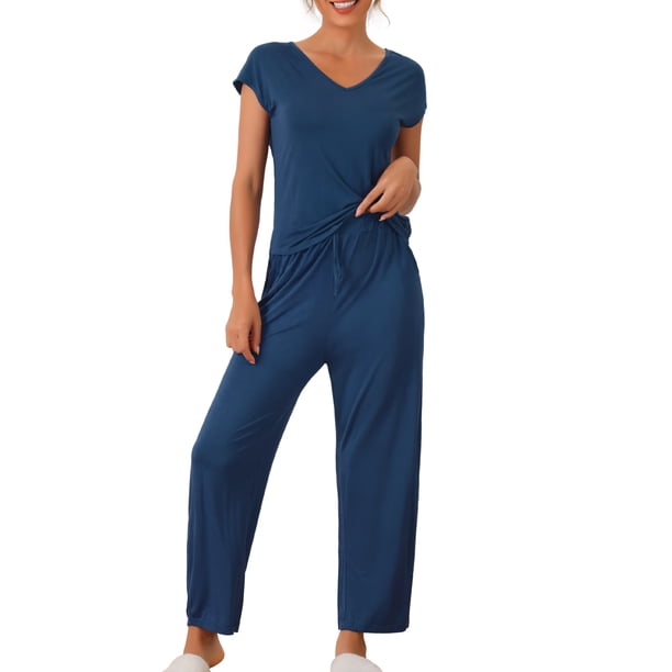 Conjunto de pijama casual de modal de manga corta para mujer 2 piezas, ropa de estar en casa, pantalones largos, sudadera, azul profundo