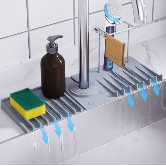 CLESOO Kitchen Sink Splash Guard, Silicone Sink Faucet Mat 15'' with Drying Rack, Kitchen Sink Organizer, Gray