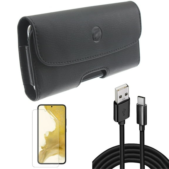 10ft USB Cable & Matte Screen Protector & Case Belt Clip for Samsung Galaxy S22 (6.1") - Type-C Charger Cord & TPU Film Anti-Glare & Leather Holster Accessory Bundle