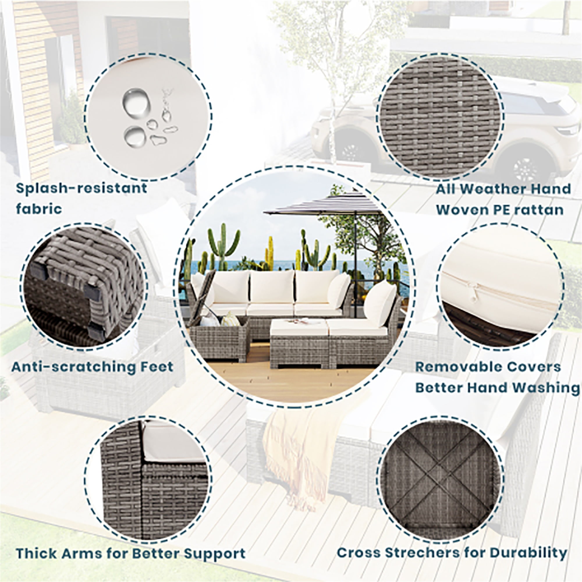 Kadyn 6-Piece Outdoor Sofa Set, PE Wicker Rattan Sofa with 2 Corner Chairs, 2 Single Chairs, 1 Ottoman and 1 Storage Table, All-weather Conversational Furniture, Beige