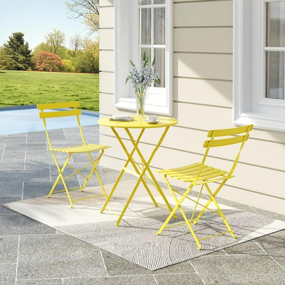 3-Piece Outdoor Bistro Set - Folding Patio Table and Chairs, Compact Metal Frame Bistro Set for Small Spaces, Yellow
