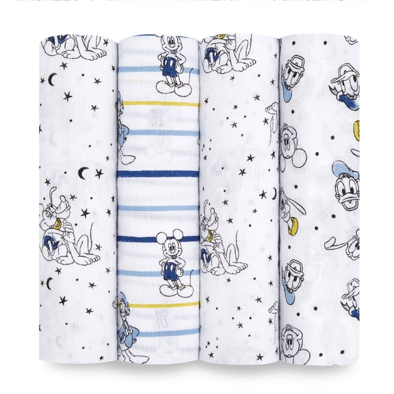 aden + anais Essentials Disney 100% Muslin Cotton Swaddle Blanket, Unisex, 4 Pack, Mickey