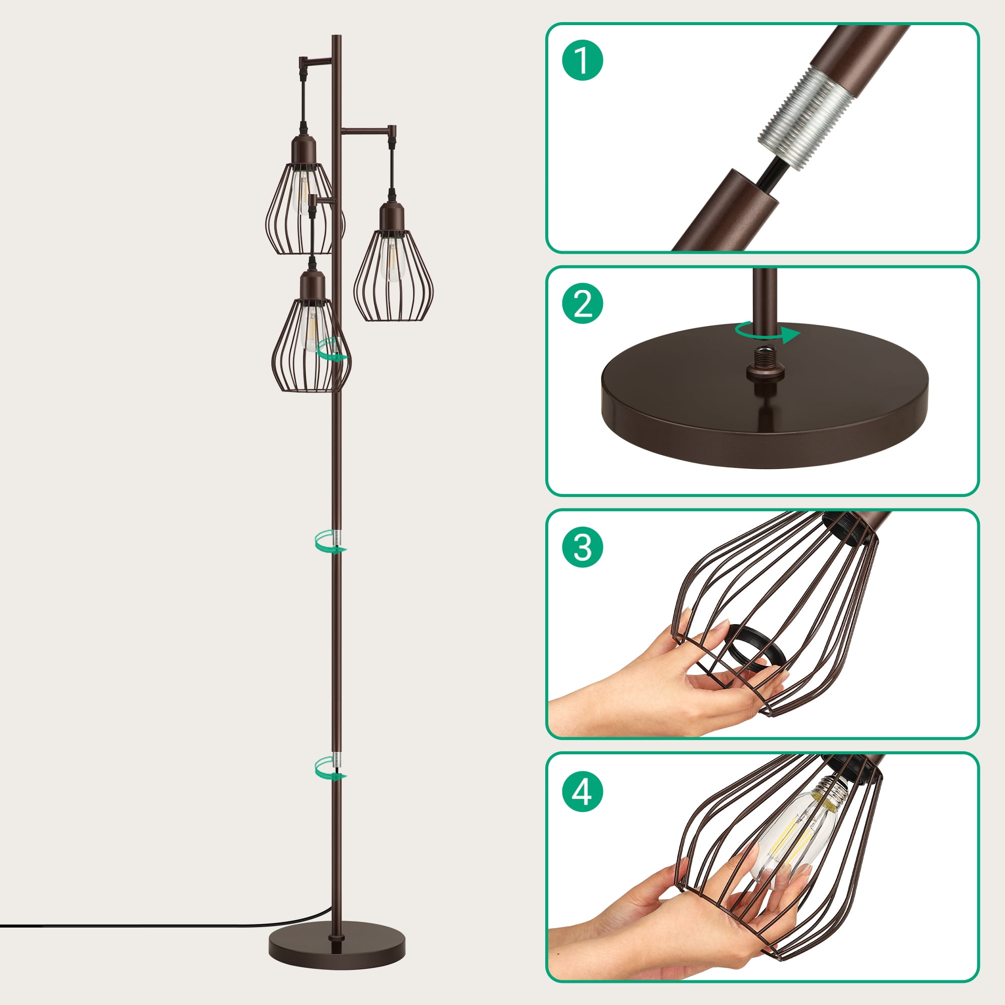 EDISHINE 3-Light 65.5" Tree Floor Lamp with bulbs included，Perfect for Living Room, Bedroom, Office, Dining Room Decor - Bronze
