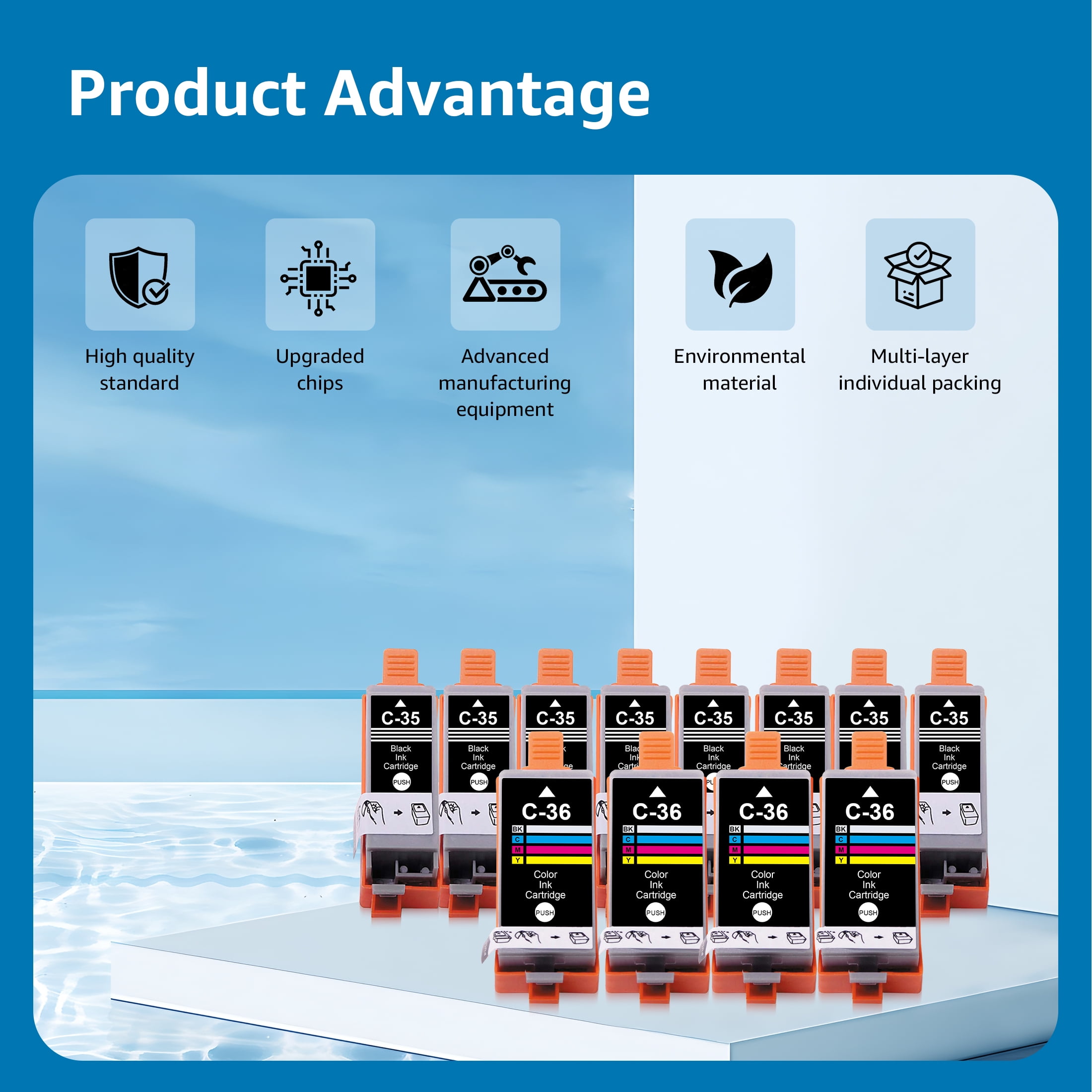 PGI-35 CLI-36 Ink Cartridges Black and Color Value Pack Compatible Replacement for Canon iP100, iP110, TR150 TR160 Printers, 8BK 4Tri-C 35 36 Ink Cartridges