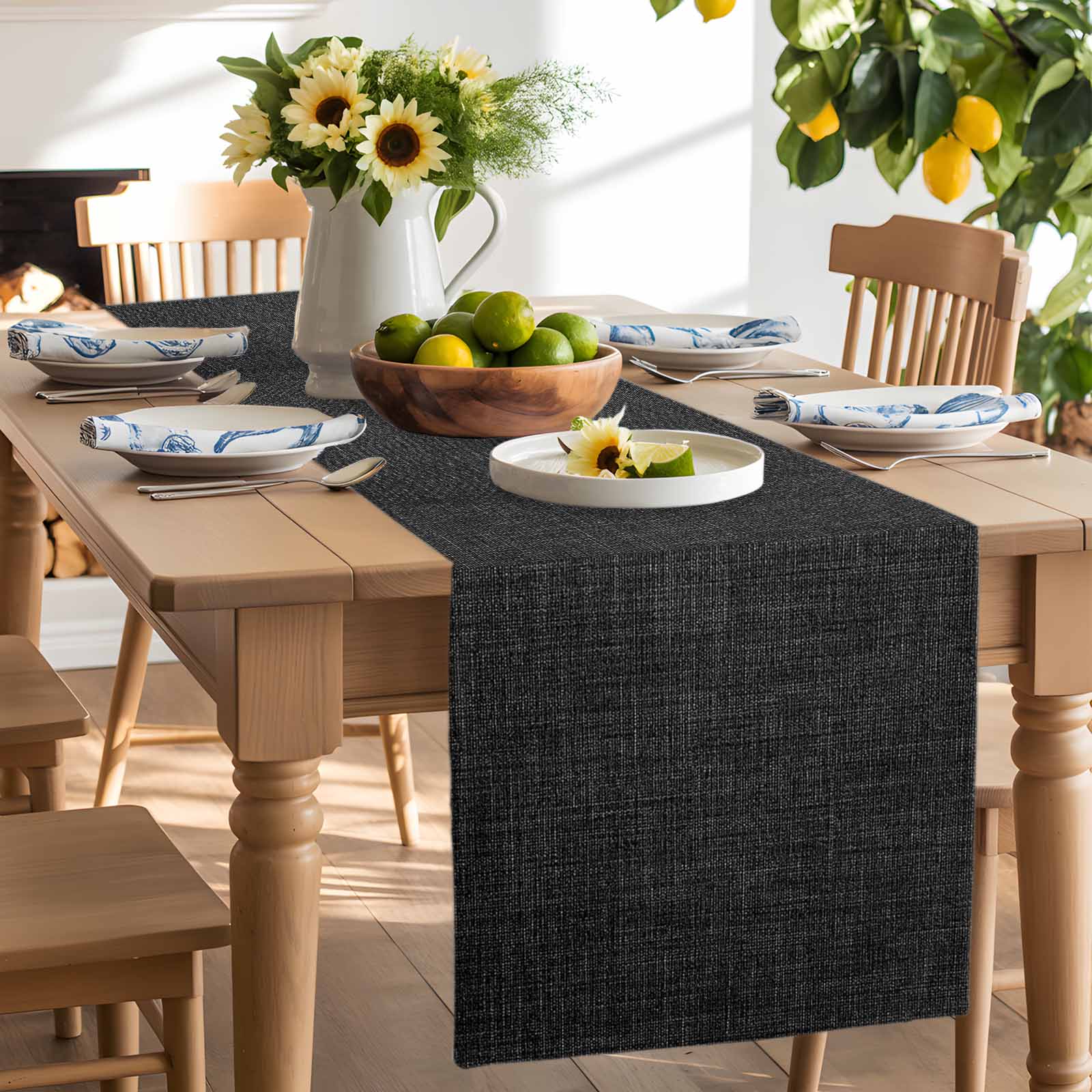 Table Runner 48 Inches Long for Kitchen Dining, Black Dresser Scarf Farmhouse, Dining Table Decorations for Wedding/Parties, Farmhouse Burlap Solid Black Color Modern Linen Texture 13 x 48 In