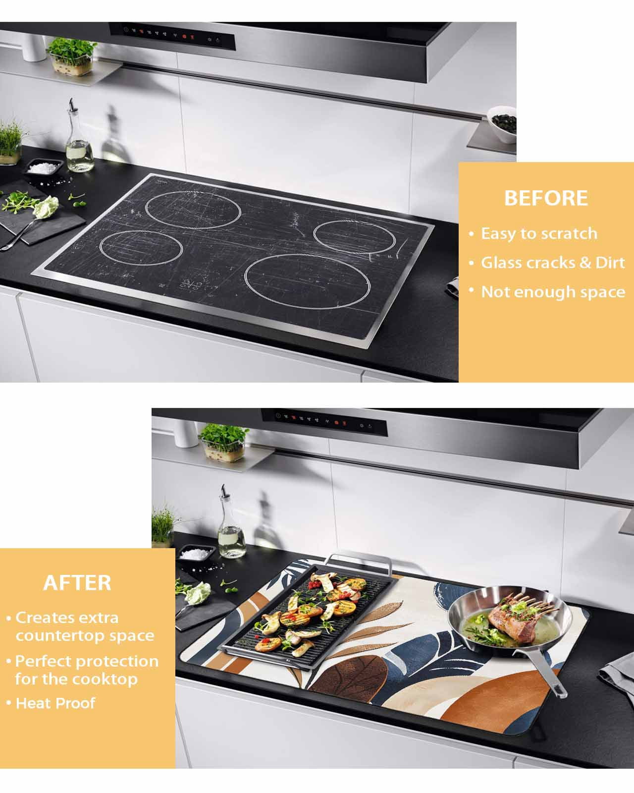 nqOlkjepod Large Induction Cooktop Protector Mat 36"x21", Bohemian Stove Top Covers for Electric Stove, Boho Botanical Palm Leaf Abstract Geometric Stove Burner Cover Mats, Glass Top Stove Cover