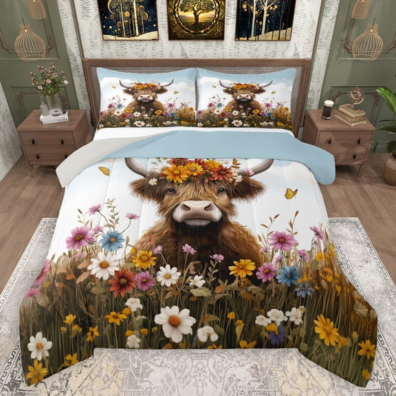 jejeloiu Cute Highland Cattle Bedding Comforter Set,Colorful Rustic Flowers Twin Comforter Sets,Kawaii Daisy Blossom Bedding Set For Girls Boys,Luxury Bedroom Decor Reversible,2 Pieces
