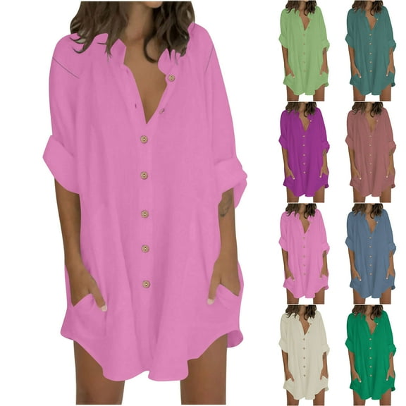 Wsyxszg Women's Oversized Short Sleeve Button Down Shirt Dress with Pockets Casual Summer Beach Cover Up