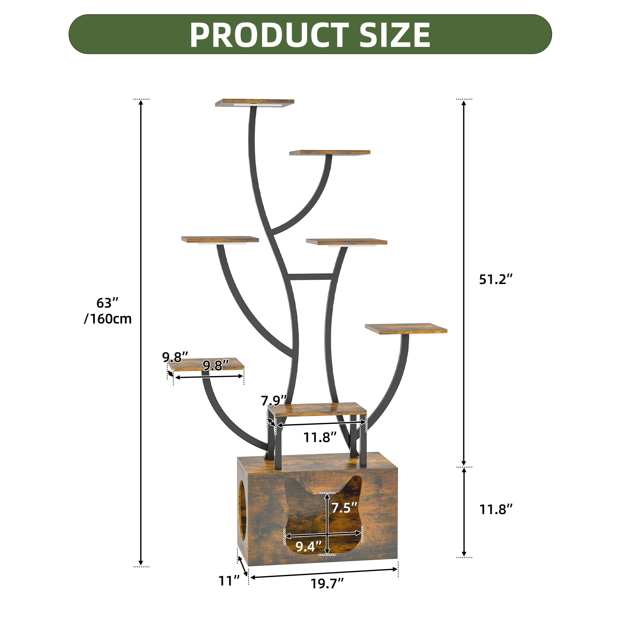 Uforic Indoor Plant Stand with Grow Lights, 63" Multiple Pots Metal Flower Stands Plant Shelf with Cat Litter Box