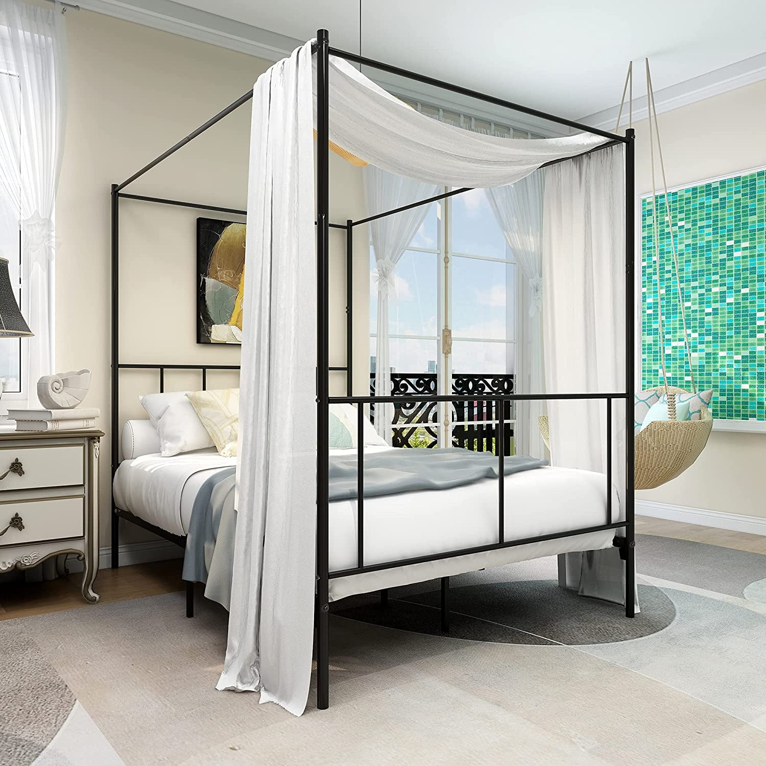 Full Size Metal Canopy Bed Frame 4 Post Cozy with Headboard and