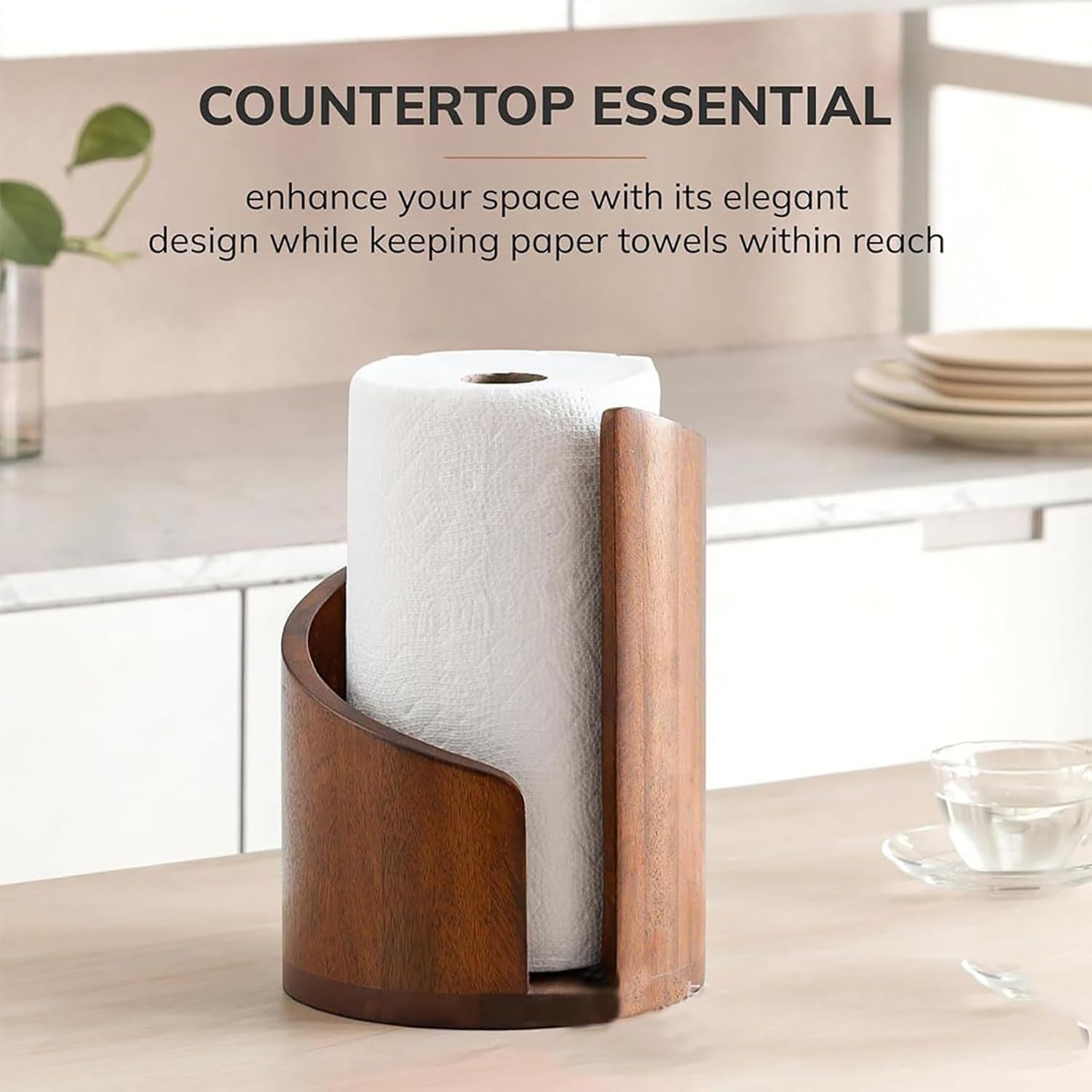 CLIQKWEN Mango Wood Round Base & Iron Countertop Paper Towel Holder – Effortless One-Hand Tearing, Fits Jumbo & Mega Rolls