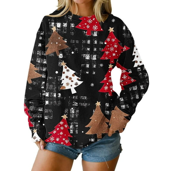 Womens Baggy Sweatshirts Christmas Clothes Printed Crewneck Pullover Long Sleeve Graphic Sweater Tops (XL, Red #E)