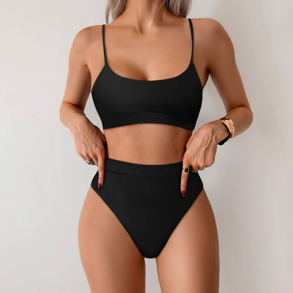 FASHOFT Womens High Waisted Bikini Sets Sporty Two Piece Swimsuits Color Block Solid High Cut Bathing Suits Beach Pool Swimwear Black L