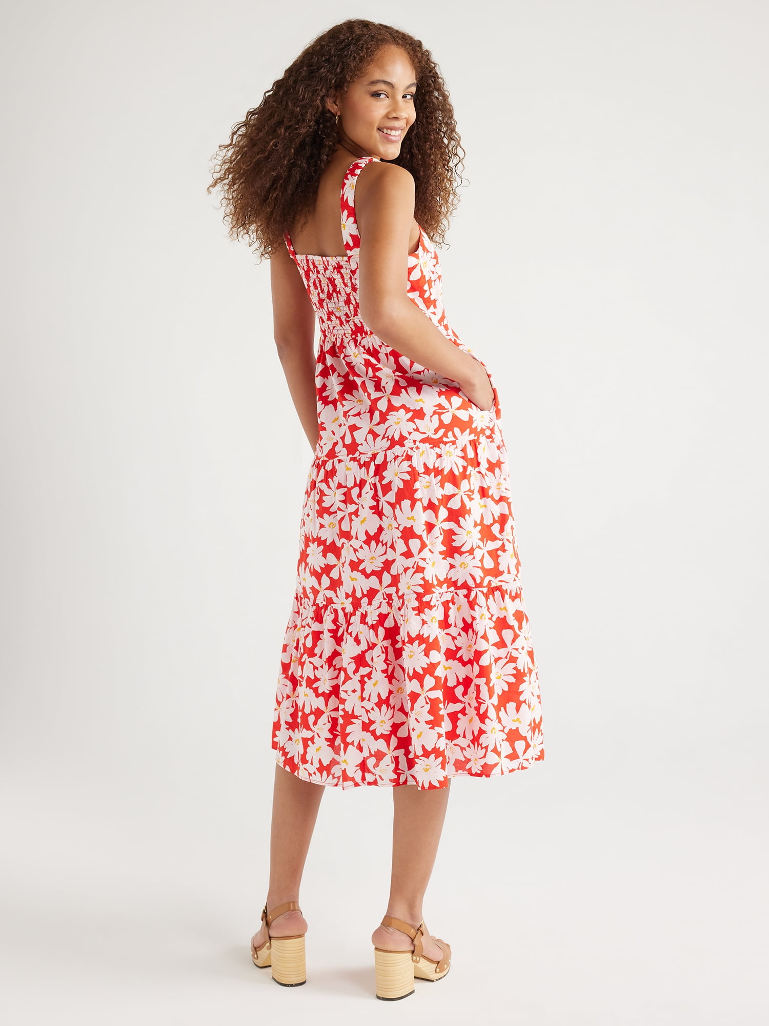 Free Assembly Women’s Cotton Tiered Midi Dress with Pockets, Sizes XS-XXL