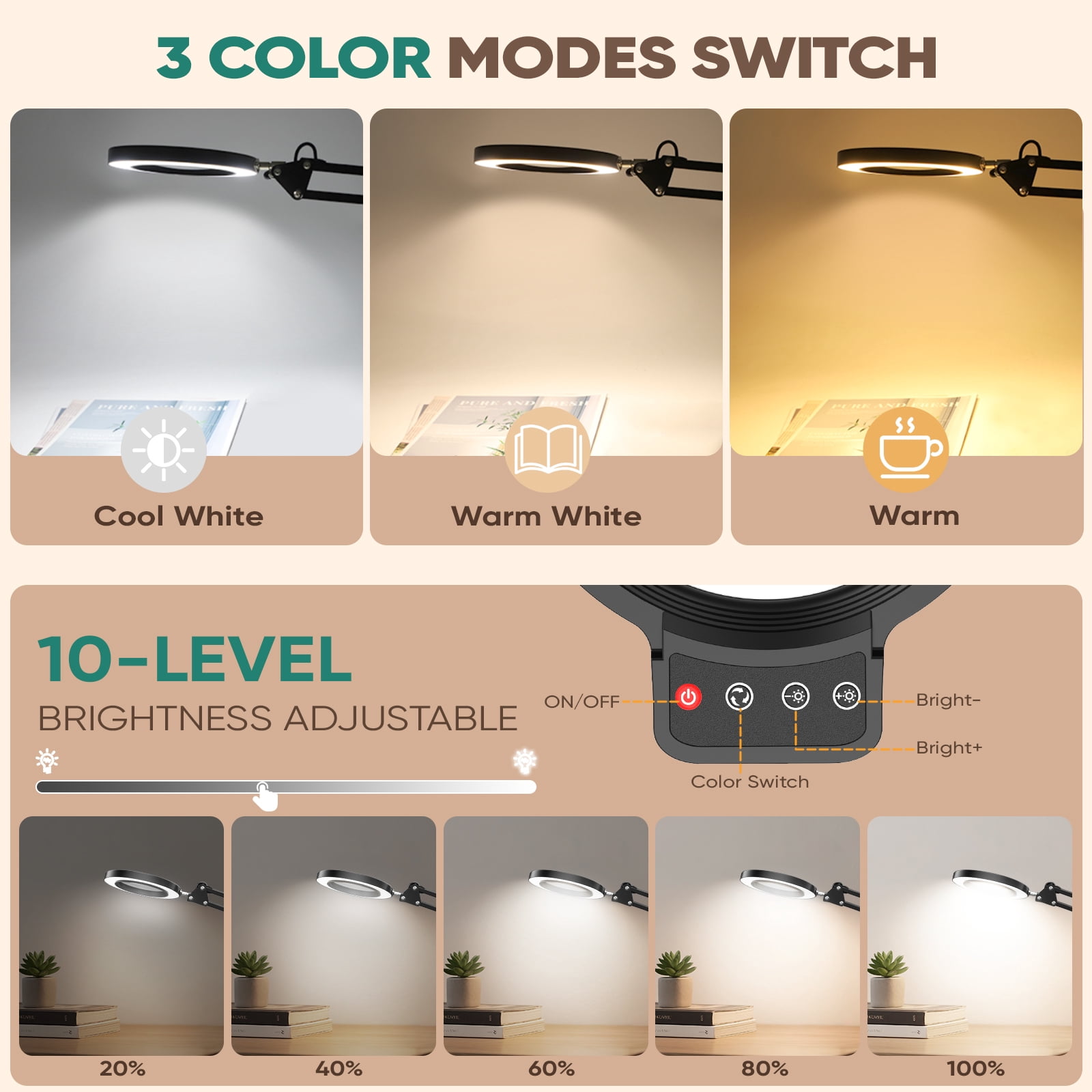 Floor Magnifying Glass with Light, 72 LEDs 3 Color 10 Dimmable Magnifying Floor Lamp with Adjustable Height, Heavy Base, Hands-Free Magnifier for Reading, Sewing, Crafts, Close Work