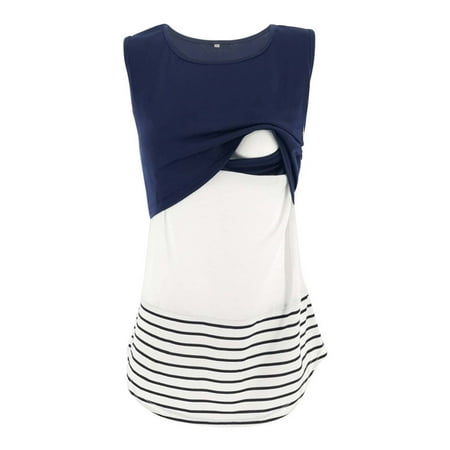 

UMfun Pregnant Women Clothes Striped Stitching Lace Vest Maternity Nursing Top