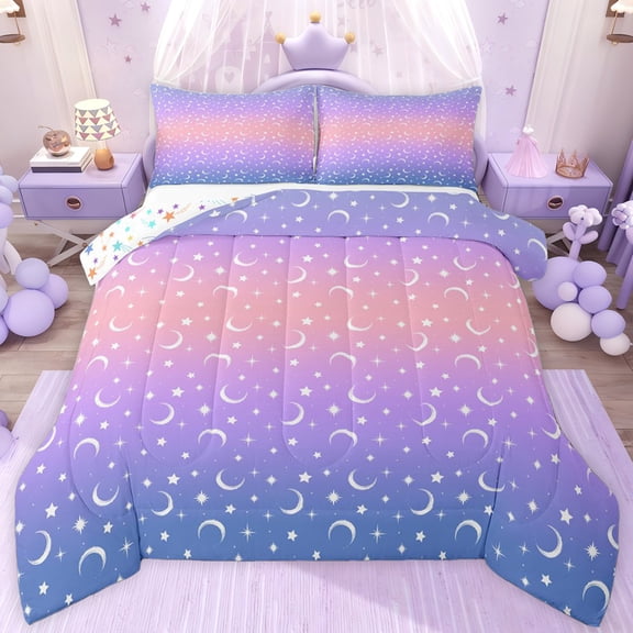 jejeloiu Blue Purple Ombre Twin Comforter Sets,Starry Sky Star Bedding Set For Kids Reversible 2pcs