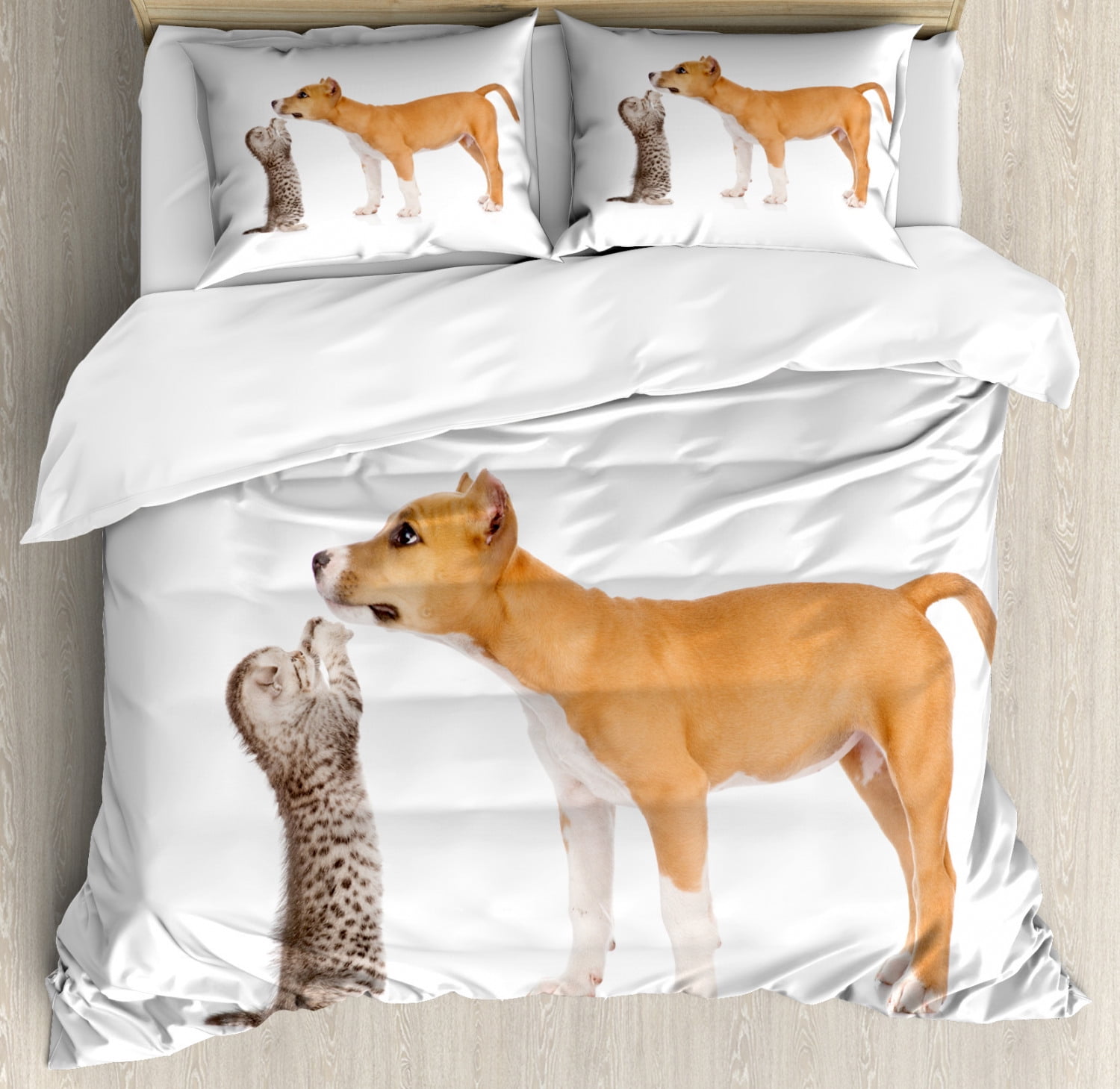 Dog Duvet Cover Set King Size, Kitten Playing with Stafford Puppy