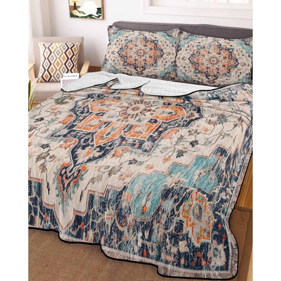 Orange Blue Queen Size Down Alternative Comforter,Lightweight Comforter Quilt Bedding Set with Pillow Shams Boho Geometric Middle Century Abstract Western Bed Comforter Duvet Insert 90"x96"
