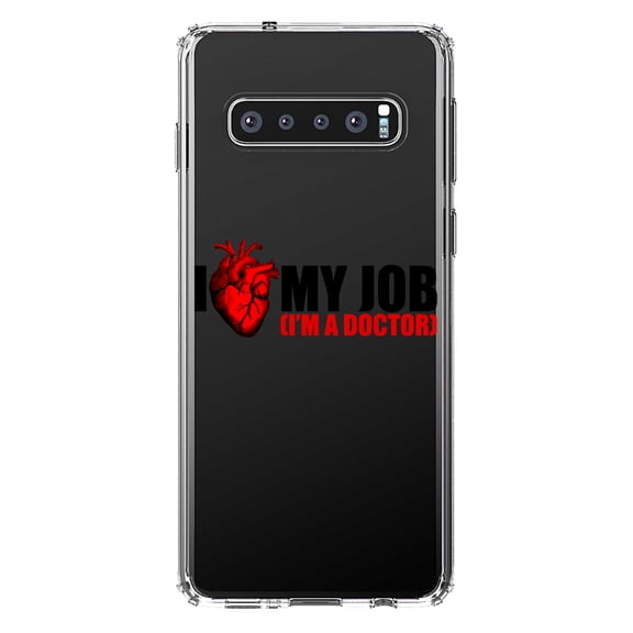 DistinctInk Clear Shockproof Hybrid Case for Samsung Galaxy S10  PLUS (6.4" Screen) - TPU Bumper Acrylic Back Tempered Glass Screen Protector - I Heart My Job - I'm A Doctor