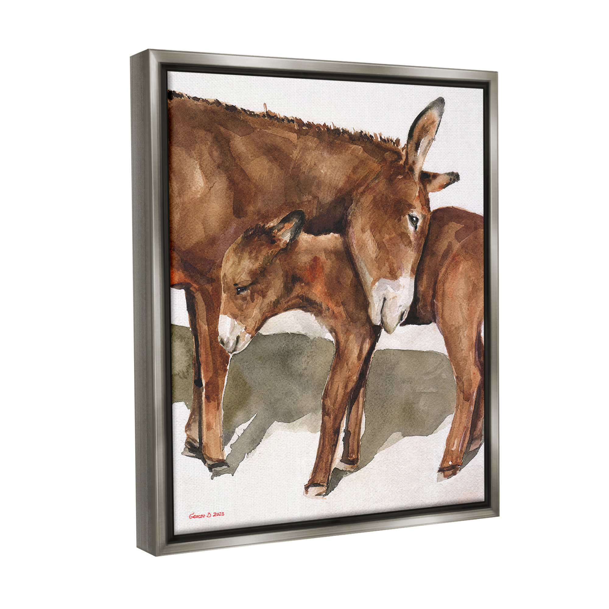 Stupell Industries Cuddling Donkey & Foal Animals & Insects Painting Gray Floater Framed Canvas Art Print Wall Art, 25 x 31