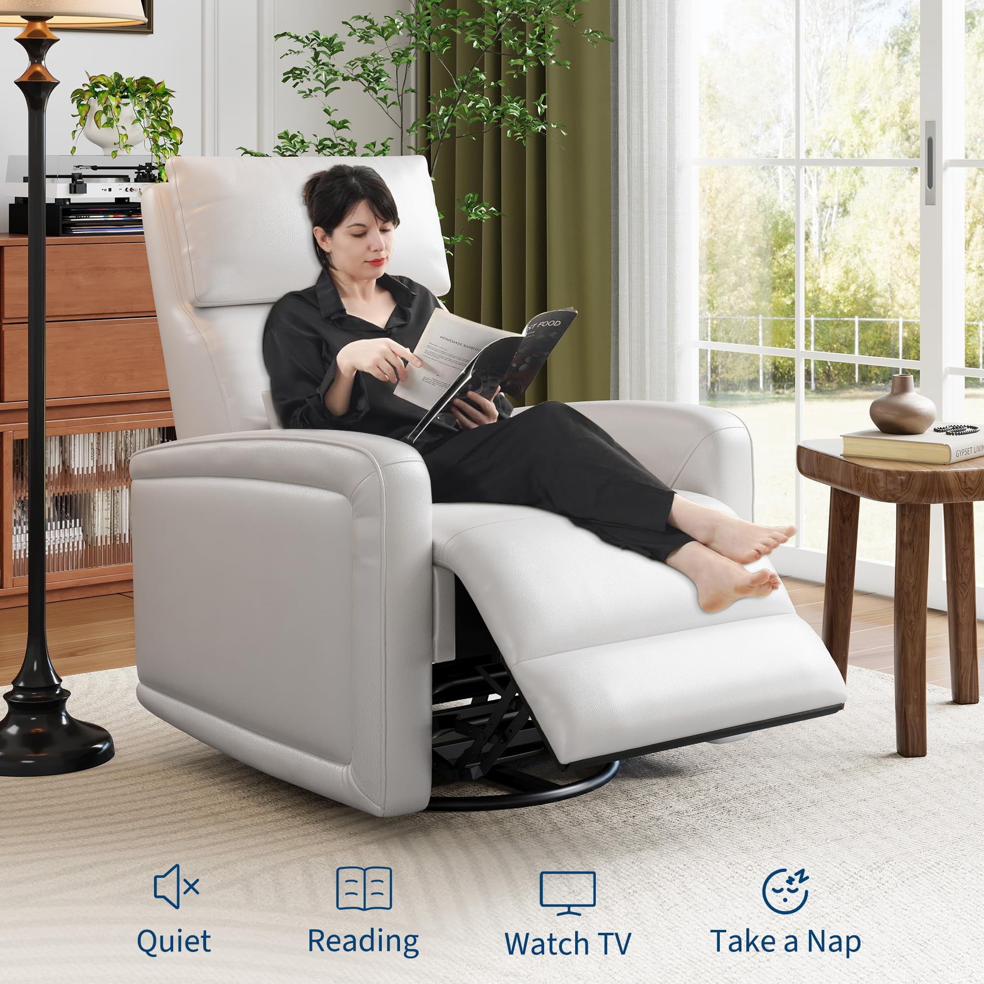 Adult Manual Recliner,Simulated Leather Sofa Rocking Chair with 360° Swivel,Living Room Armchair with Adjustable Backrest and Footstool,Home Theater Seating,Reclining Recliner with Concealed Pull
