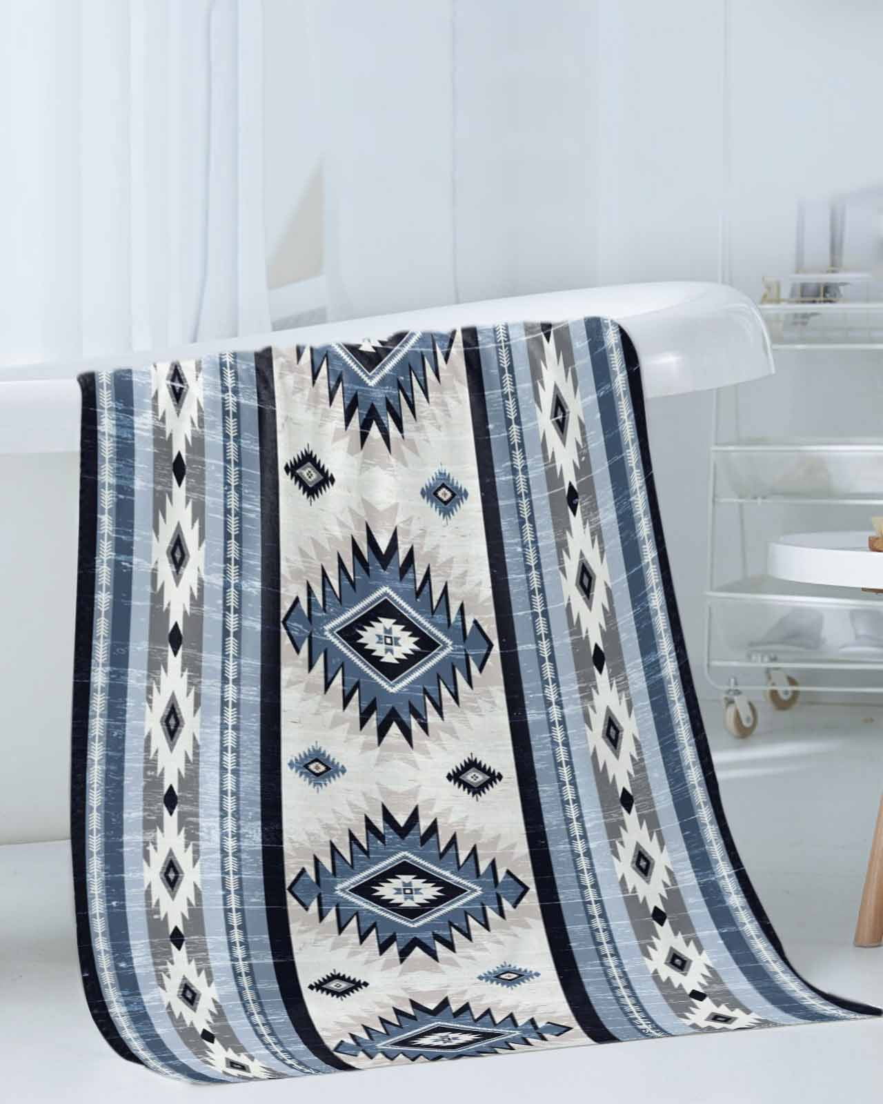Blue Boho Bath Towels for Bathroom Set,Luxury Microfiber Towels Gifts for Women,Quick Dry Beach Kitchen Hand Hair Face Towel and Dish Washcloth,Southwestern Ethnic Aztec Retro Geometric Towels+Set