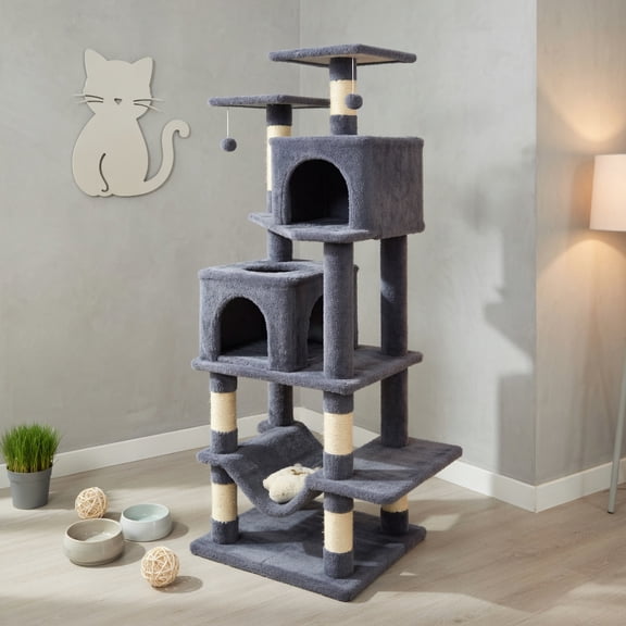 Resenkos 57-Inch Cat Tree with Two Condos, Hammock, and Dangling Toys, Gray