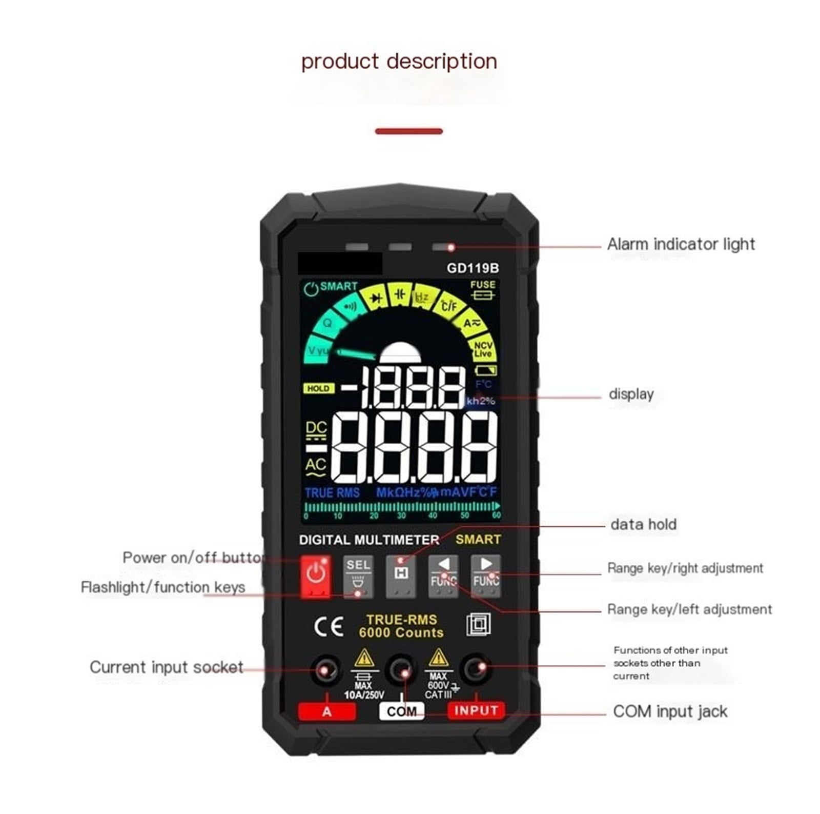 GD119B Smart Digital Multimeter,  6000 Counts, Voltage Tester, Volt Meter with NCV, DC/AC Voltage&Current, Resistance, Continuity, Diode, Capacitance, Hz%, Temperature, Live Wire - Green