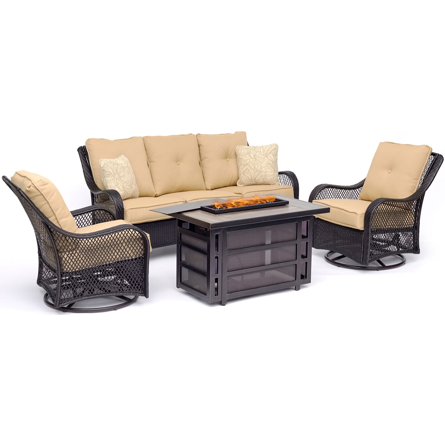 Hanover Orleans 4-Piece Woven Lounge Set with 30,000 BTU Firepit Table in Sahara Sand by Hanover