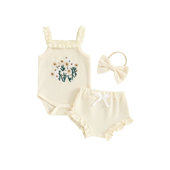 BemeyourBBs Newborn Baby Girl Summer Clothes Infant Baby Girl Waffled Outfits Cute Flower Embroidered Sleeveless Romper Ruffles Shorts Headband Set